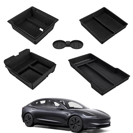 KYX Newest 5PCS Center Console Organizer Compatible with 2024 Tesla Model 3 Highland,4 Car Organizer Trays & 1 Center Console Cup Holder,Hidden Storage for Tesla Model 3 Accessories 2024(Black)