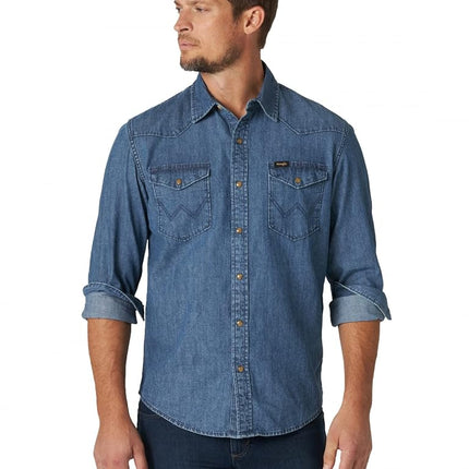 Wrangler Men's Iconic Regular Fit Snap Shirt Button, Mid Tint Denim, S