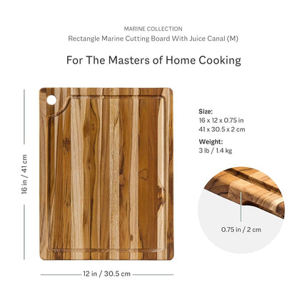 Teakhaus Marine Cutting Board with Juice Groove - Medium Rectangle Cutting Board with Corner Hole - Reversible Teak Edge Grain Wood - Knife Friendly - FSC Certified