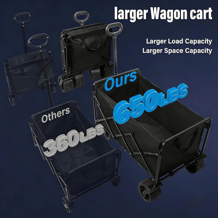 Chariot pliant, capacité de 295 kg, chariot utilitaire pliable de 300 L avec roues tout-terrain et freins, chariot de plage pliable robuste pour l'épicerie, le camping, le sport, les courses – Noir