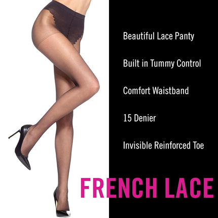 HUE womens Age Defiance French Lace Sheer Tights With Control Top, Black, 5