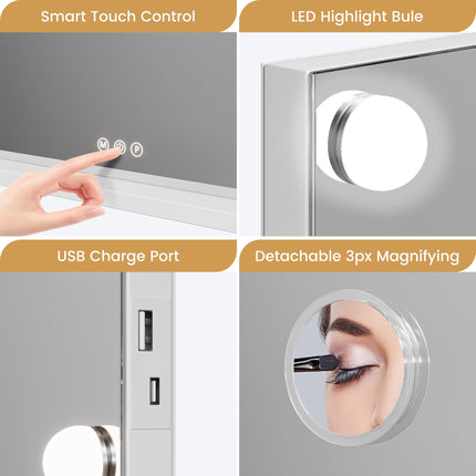 GAOMON 2024 New Vanity Mirror with Lights, Elegant Lighted Vanity Mirror, 15 LED Bulbs, 3 Light Settings, 3X Zoom Mirror - Detachable, Tabletop Design with Metal Frame, White (23" x 18")