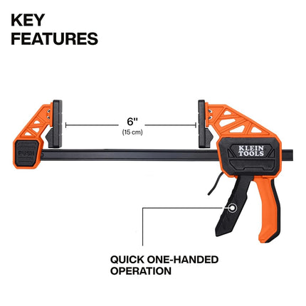 Klein Tools 47550 Bar Clamp, Speed-Klamp 6-Inch, Clamp/Spreader 2-Pack, 150-Pound Clamping Force, One-Handed-Operation for Woodworking and Metal Projects