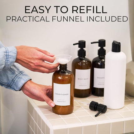 Stylish Shampoo and Conditioner Dispenser Set of 3 - Modern 21oz Shower Soap Bottles with Pump and Labels - Easy to Refill Body Wash Dispensers for an Instant Bathroom Decor Upgrade