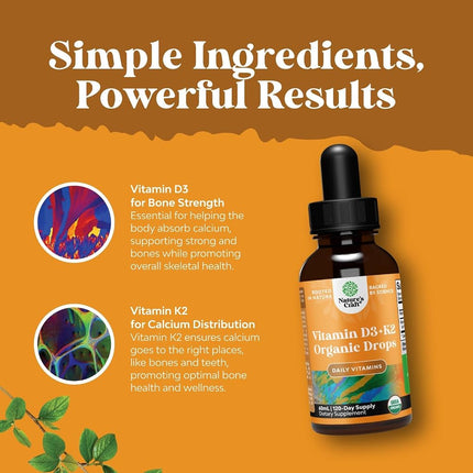 Natures Craft Liquid Vitamin D3 with K2 for Adults - Organic Drops 2000IU per Serving Vegan Bone Muscle Heart & Immune Support MCT Oil Enhanced Absorption - 2Fl Oz (Pack of 1)