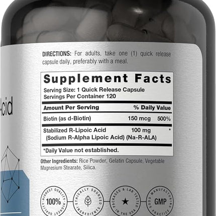 R Lipoic Acid 100mg Stabilized | 90 Capsules | Plus Biotin Optimizer | Non-GMO, Gluten Free | RALA Supplement | by Horbaach