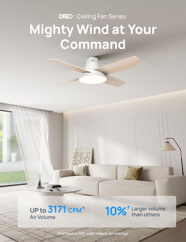 Dreo Ceiling Fans with Lights, 12 Speeds & 3 Fan Modes, Quiet DC Motor, Low Profile Easy to Install, Flush Mount Smart Ceiling Fan with Dimmable LED, 12H Timer for Bedroom, Remote, White, 44''