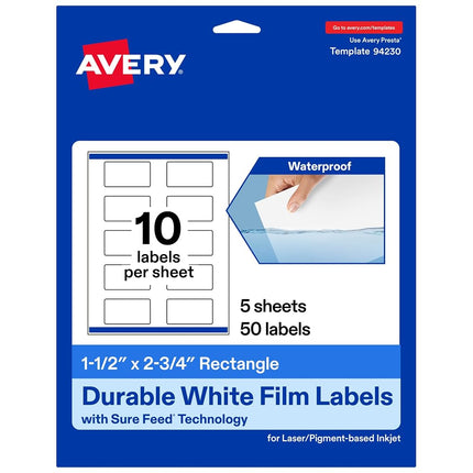 AVERY Waterproof Rectangle Labels with Sure Feed, Print to The Edge, 1.5" x 2.75", 50 White Labels (36554)