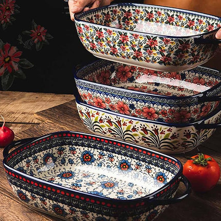 Bicuzat Red Daisy Flower Vintage Style Ceramic Bakeware Casserole Dish Baking Pan Lasagna Pans Baking Dish with Handles for Oven/Cooking/Kitchen-1 PCS, 60 OZ