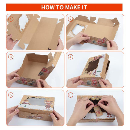 Lot de 12 boîtes à biscuits de Noël, boîtes à friandises pliables avec fenêtre, pour pâtisseries, cupcakes, bonbons et cadeaux, boîtes de boulangerie en kraft de qualité alimentaire, boîtes à biscuits Renne Père Noël, style A
