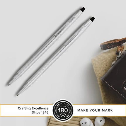 CROSS Classic Century Lustrous Chrome Pen and Pencil Set incl. Premium Gift Box / Refillable Medium Ballpen & 0.7 mm Pencil