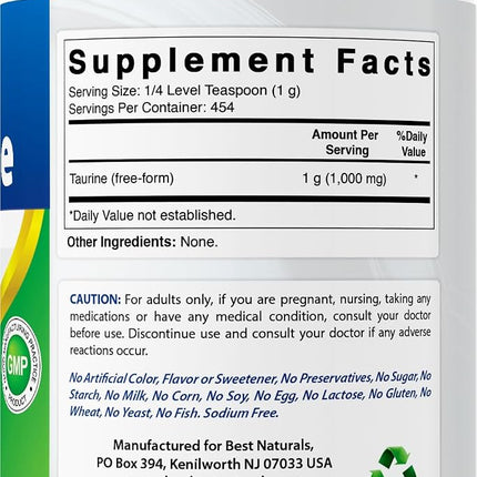 Best Naturals 100% Pure Taurine Powder free form - Taurine 1000mg per serving - 1 Lb (454 gm) (1 LB (Pack of 3))