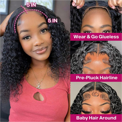 Ailwelia Curly Bob Wig Human Hair Deep Wave Glueless Wigs Human Hair Pre Plucked Pre Cut 5x5 Wear And Go Glueless HD Lace Closure Wigs Human Hair For Black Women 200% Density Black Color 14 Inch