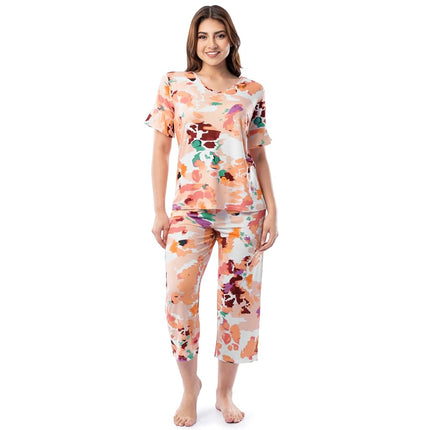 Fruit of the Loom womens 360 Stretch Ruffle Sleeve V-neck Tee and Capri Sleep Pajama Set, Painter's Palette, 4XL Plus