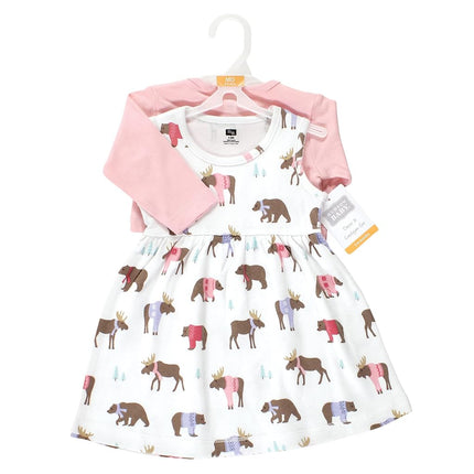 Hudson Baby Baby Girls' Cotton Dress and Cardigan Set, Pink Moose Bear, 5T