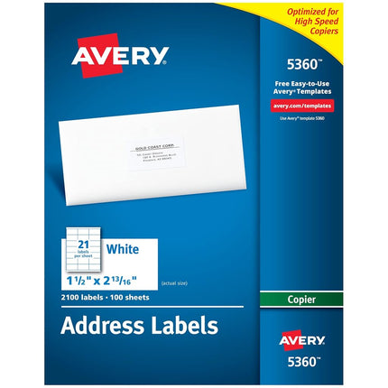 Etiquetas Avery para copiadora, 1-1/2" x 2-13/16", 2,100 etiquetas blancas mate (5360)