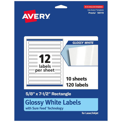 Avery Glossy White Rectangle Labels with Sure Feed, 5/8" x 7-1/2", 120 Glossy White Labels, Print-to-The-Edge, Permanent Label Adhesive, Laser/Inkjet Printable Labels