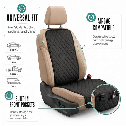 FH Group Car Seat Cushion Front Set Black Neosupreme Automotive Seat Cushions - Universal Fit, Car Seat Cushion with Front Pockets, Airbag Compatible Car Seat Cushions for SUV, Sedan, Van