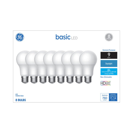 GE Basic Light Bulbs, 60 Watt, Daylight, A19 (8 Pa