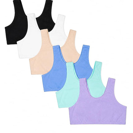 Fruit of the Loom Girls' Multi Cotton Built-Up Stretch Sports Bra Available in 6 Packs, Aruba Blue/Hyacinth/Cornflower Blue/Light Nude/White/Black, 36
