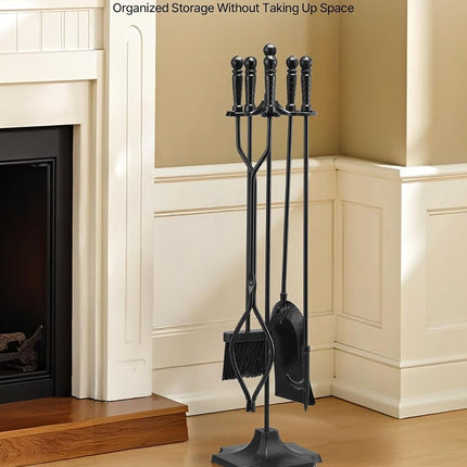 VEVOR Fireplace Tool Set, 5 PCS Fire Tool Set and Holder with Five-Prong Stand, Tongs, Ash Shovel, Brush, Fire Place Poker, Wrought Iron Fireplace Accessories for Campfire Indoor/Outdoor, Black