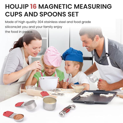 Magnetic Measuring Cups and Spoons Set-Heavy Duty 304 Stainless Steel，Double Measurement Markings，Set of 16 with Leveler for Measure Dry and Liquid Ingredients (Red)