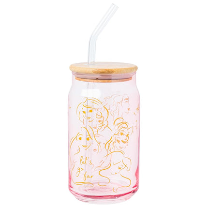 Silver Buffalo Disney Princess Glass Tumbler with Bamboo Lid and Glass Straw Featuring Pocahontas, Tiana, Snow White, Ariel, Belle, Jasmine, Rapunzal, Cinderella, and Moana, 16 Ounces