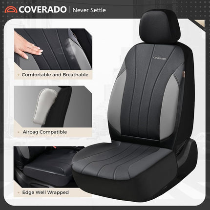 Coverado Car Seat Covers, Leather Seat Covers Full Set, Luxury Car Seat Protectors, Grey Driver Seat Covers 5 Seats Universal Fit for Most Vehicles
