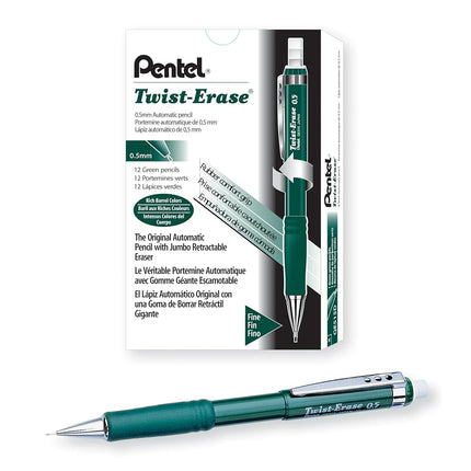 Pentel Twist-Erase III Mechanical Pencil,0.5mm, Green Barrel, 12 Pack (QE515D)