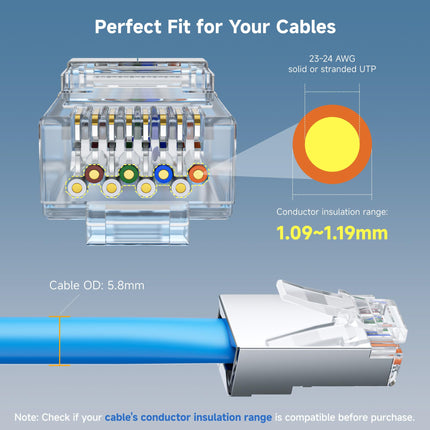 Conectores RJ45 blindados con paso Cat 6A de 100 unidades Cable Matters (extremos Cat 6A / conector Cat6A / enchufes modulares RJ45 / enchufes Ethernet / conector de red) para cable Ethernet S/FTP sólido o trenzado