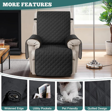 Ruaozz 100% Waterproof Recliner Chair Cover Non-Slip Oversized Reclining Cover for Large Recliner Chair Washable Chair Seat Cover with Elastic Straps for Kids, Dogs, Pets (Black, 28'')