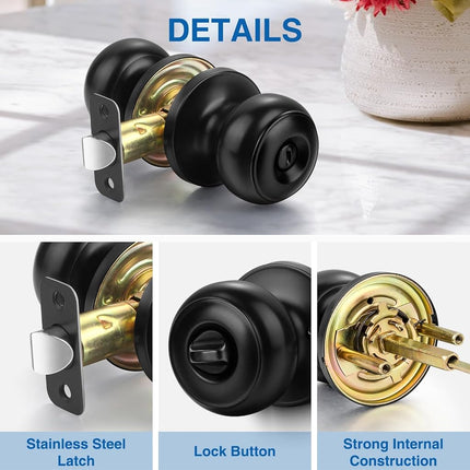 Sopoby Privacy Door Knob, 10 Pack Matte Black Round Keyless Doorknobs Interior/Exterior Lockset, Privacy Locking Door Knobs for Bedroom/Bathroom, Black Modern Design Door Hardware