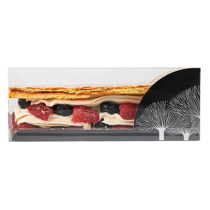 Restaurantware-7 Inch x 2.5 Inch Clear Dessert Boxes, 100 Black Paper Sleeve Transparent Candy Boxes - Tree Accent, No Grease Lining, Clear Plastic Clear Favor Boxes, Crack Resistant, Disposable