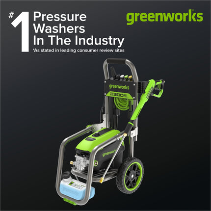 Hidrolavadora eléctrica Greenworks Pro sin escobillas 2300 PSI (certificación SGS) 2.3 GPM máx. / 1.2 GPM (mango plegable, marco de acero resistente, manguera de 25 pies, cable de alimentación GFCI de 35 pies)