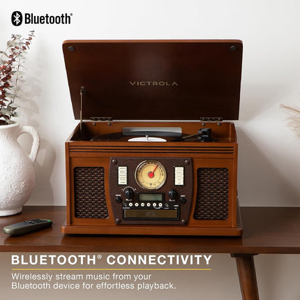 Victrola Navigator 8-in-1 Bluetooth Record Player with Built-in Speakers – 3 Speed, CD Player, Cassette, FM Radio, USB, RCA Out, Headphone Jack, Wireless Music Streaming, Real Wood (Walnut)