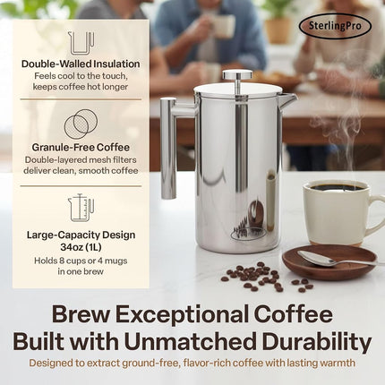 Cafetière à piston en acier inoxydable SterlingPro 1 L (34 oz) miroir – Grande cafetière à double paroi isolée, conception durable pour garder les boissons chaudes, facile à utiliser et à nettoyer pour une infusion riche en saveur