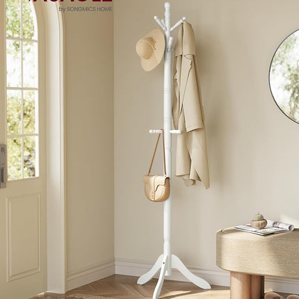 VASAGLE Solid Wood Coat Rack/Stand, Free Standing Hall Coat Tree with 10 Hooks for Hats, Bags, Purses, for Entryway, Hallway, Rubberwood, Cloud White URCR03WT
