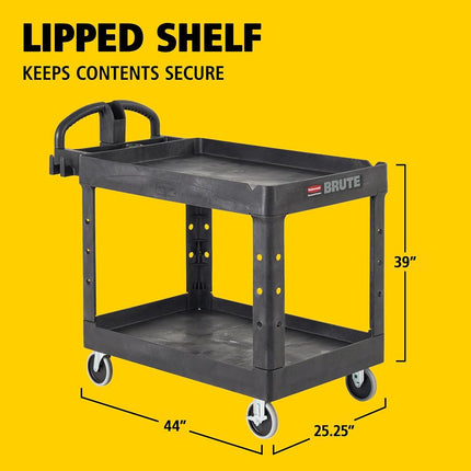 Rubbermaid Commercial Products 2-Shelf Utility/Service Cart, Medium, Lipped Shelves, Ergonomic Handle, 500 Lbs Capacity, for Warehouse/Garage/Cleaning/Manufacturing (FG452088BlA)