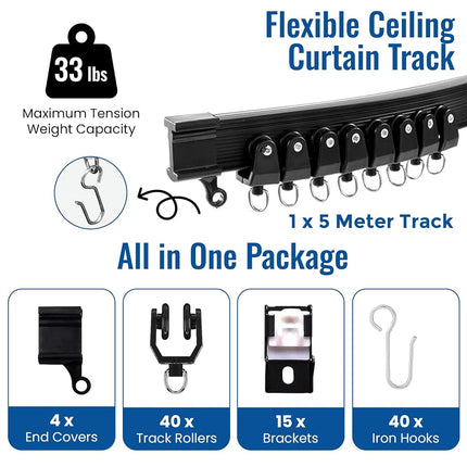 UrbanRed Flexible Ceiling Curtain Track, 5 m (16.4 ft) Rail Kit, Black