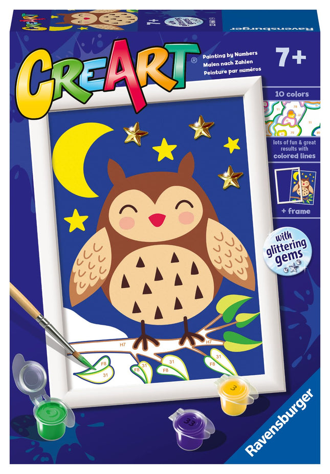 Ravensburger - CreArt E Series: Owl, Paint by Number Kit, Contains a Pre-Printed Board, a Brush, Colors and Accessories, Creative Game for Boys and Girls 7+ Years