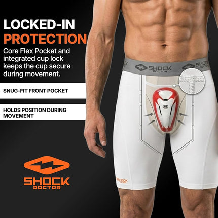 Shock Doctor 221 Men's Compression Short with BioFlex Cup (Medium, White)
