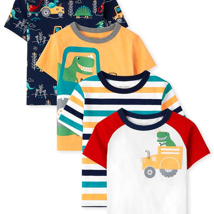 The Children's Place Baby Toddler Boys Short Sleeve Crew Neck Tees, Dino Farmer 4-Pack, 9-12 Months