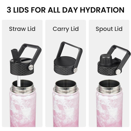 Konokyo Insulated Water Bottle with Straw,18oz 3 Lids Metal Bottles Stainless Steel Water Flask,Marble Blossom