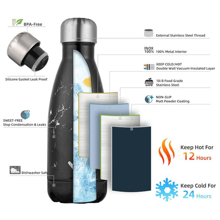 Konokyo Insulated Water Bottles,12oz Double Wall Stainless Steel Vacumm Metal Flask for Sports Travel,Marble-Midnight