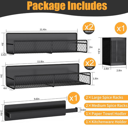 DTUQYX Magnetic Spice Rack, Refrigerator Organizer, 6 Pack Metal Black Magnetic Shelf with Paper Towel Holder, Utensils Holder, Strong Magnets, Space Saving