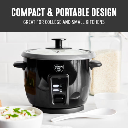 GreenLife Electric Rice Cooker, 3-Cups Uncooked/6-Cups Cooked, Removable PFAS-Free Nonstick Pot, One-Switch Design, Auto Keep Warm, Small Space Saving, Rice Paddle, Soup, Grains, Oatmeal, 1.5 QT
