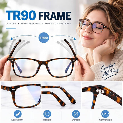 Blue Light Blocking Glasses, Blue Blocker Computer Glasses for Men Women, Anti Glare 400 UV & Eye Strain Fake Square Glasses, Tortoise + Black, 0.00X