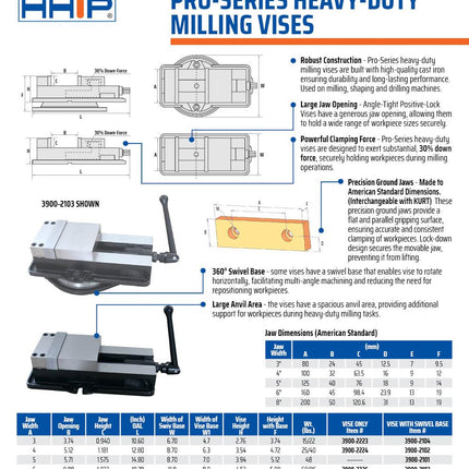 HHIP 3900-2104 Pro-Series Angle Tight, Positive Lock Milling Vise with Swivel Base, 3" Jaw Width, 3" Jaw Opening (Pack of 1)