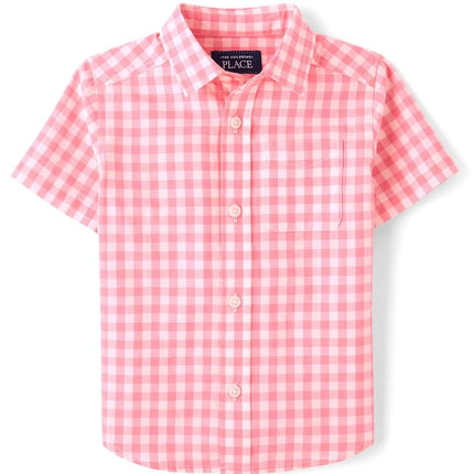 The Children's Place,Baby Boys,and Toddler Poplin Short Sleeve Button Down Shirt,Cherry Plaid,6 Months,9 Months, Cherry Plaid, 6-9 Months