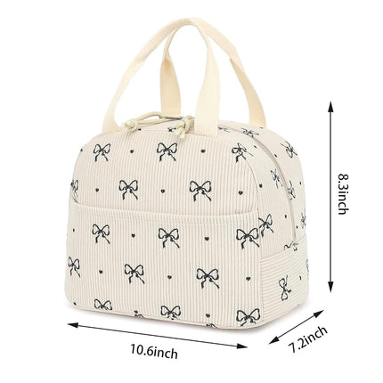 Corduroy Lunch Box for Women Girls, Cooler Lunch Bags Reusable Insulated Lunchbox for Picnic School Work Travel (Bow Tie)